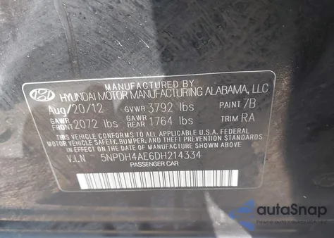 2013 Hyundai Elantra Gls z USA, uszkodzony, nr VIN 5NPDH4AE6DH214334